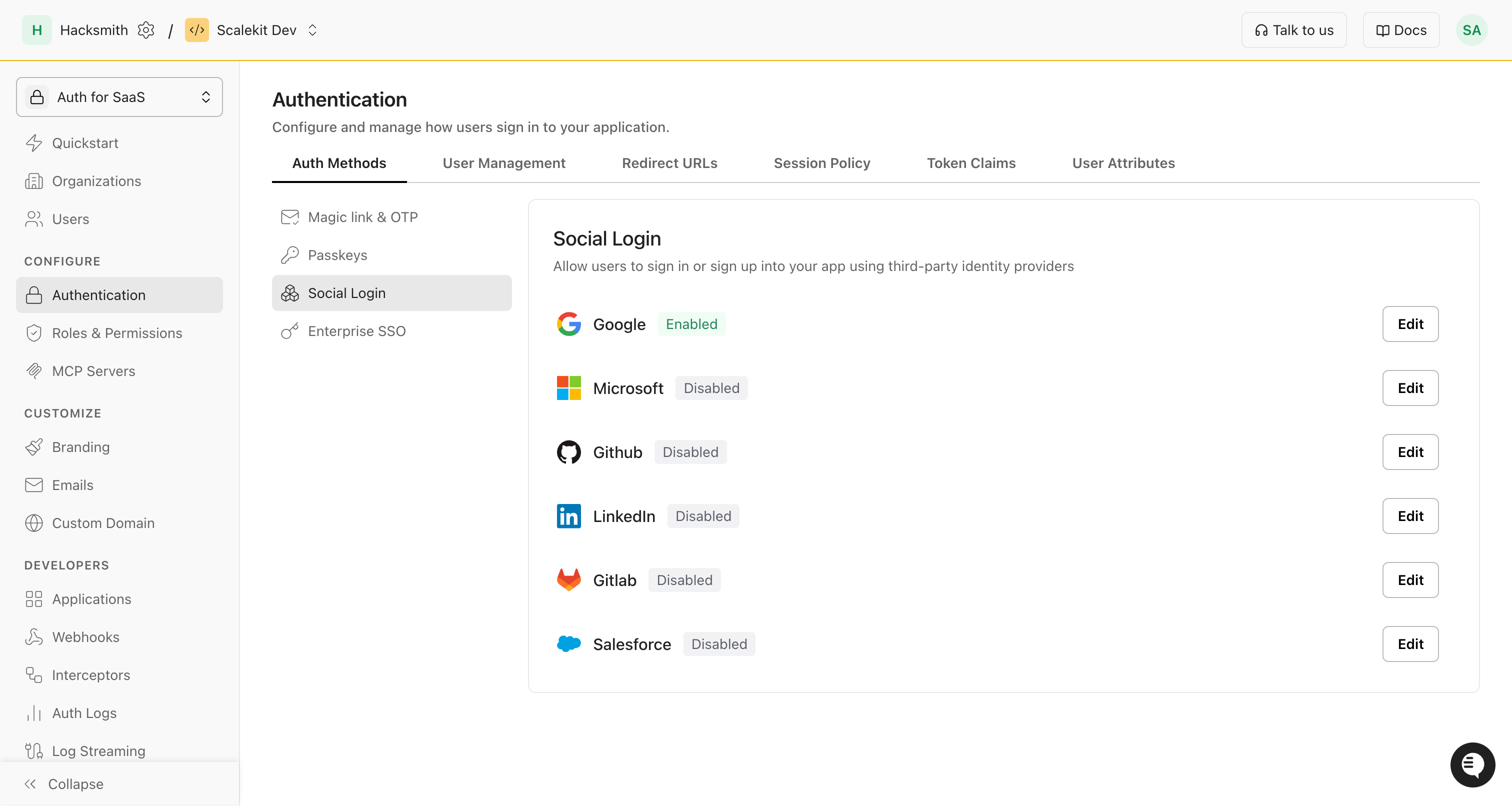 Scalekit dashboard showcasing social login setup with various platform integration options.